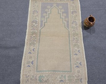 Vintage Hand-Knotted Beige Turkish Rug with Lavender Arch and Floral Border