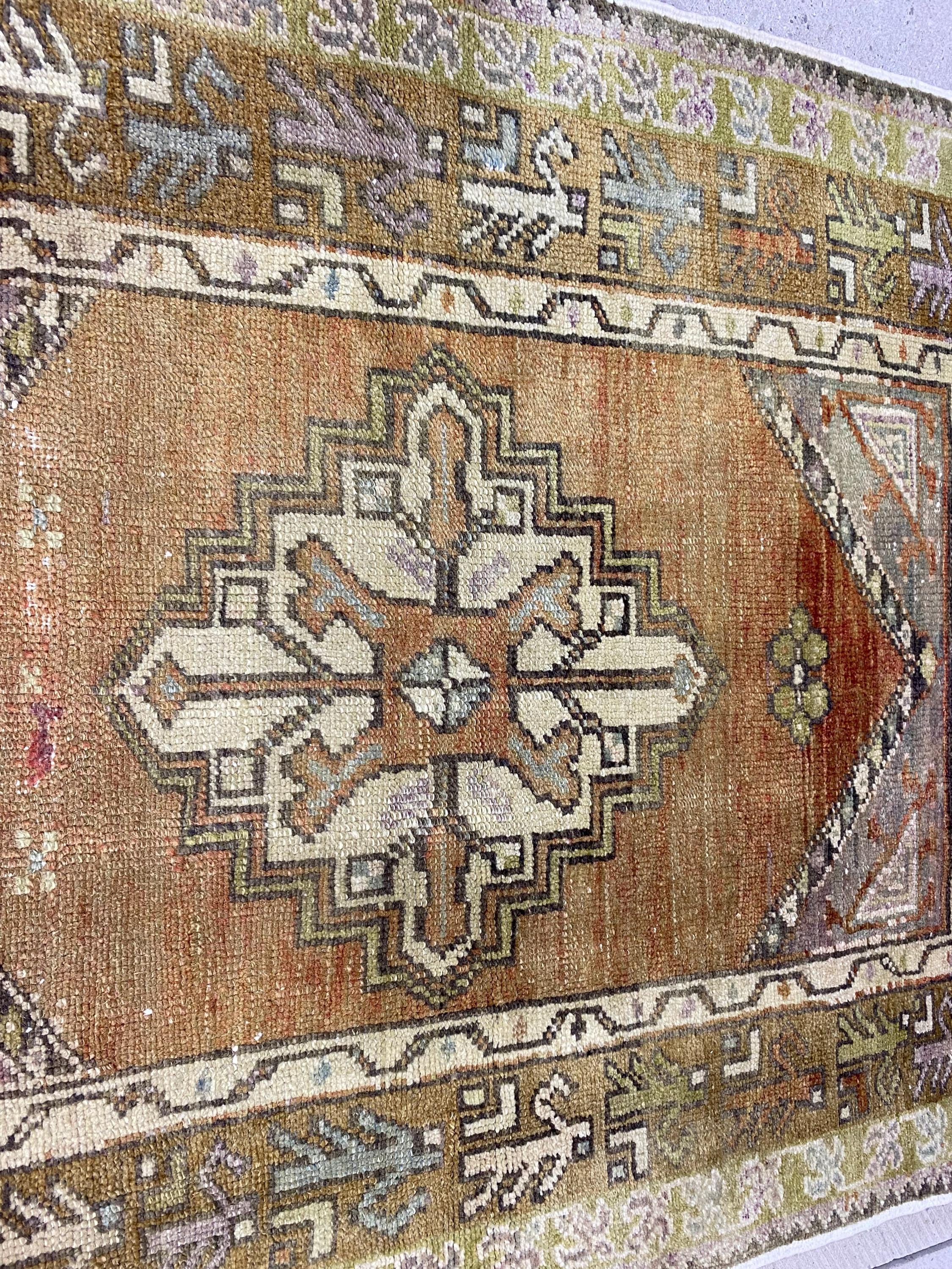 ヴィンテージトルコウールラグ：3x3.9フィートの手編みボヘミアン玄関