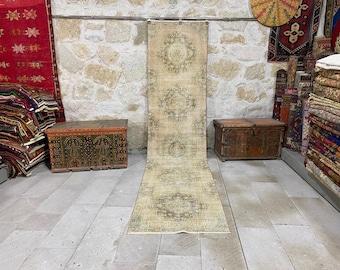 Vintage Turkish Runner Rug: 2.8x11 Beige Wool Boho Hallway Rug