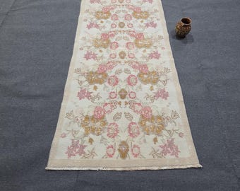 Ivory Pink Floral Turkish Rug, Vintage Hand-Knotted Wool Area Rug with Rose Motifs