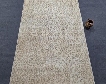 Vintage Turkish Rug 4x7, Hand Knotted Floral Beige Wool Rug