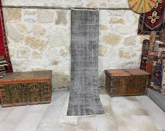 Vintage Turkish Wool Runner Rug: Gray Overdyed Hallway Carpet