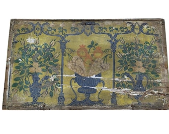 19th Century Antique Hand Painted Wooden Panel, Still Life Fruit Folk Art
