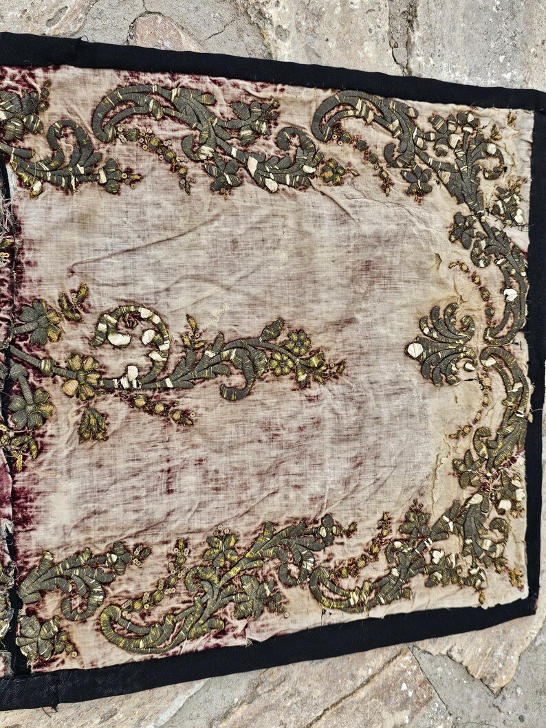 Antico ricamo turco, filo d'argento ricamato, tessuto in velluto ottomano, un raro oggetto da collezione 3433 immagine 6