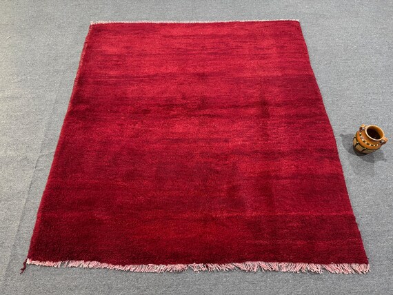 Vintage Solid Red Wool Rug, 5x5 Hand Knotted Turkish Rug