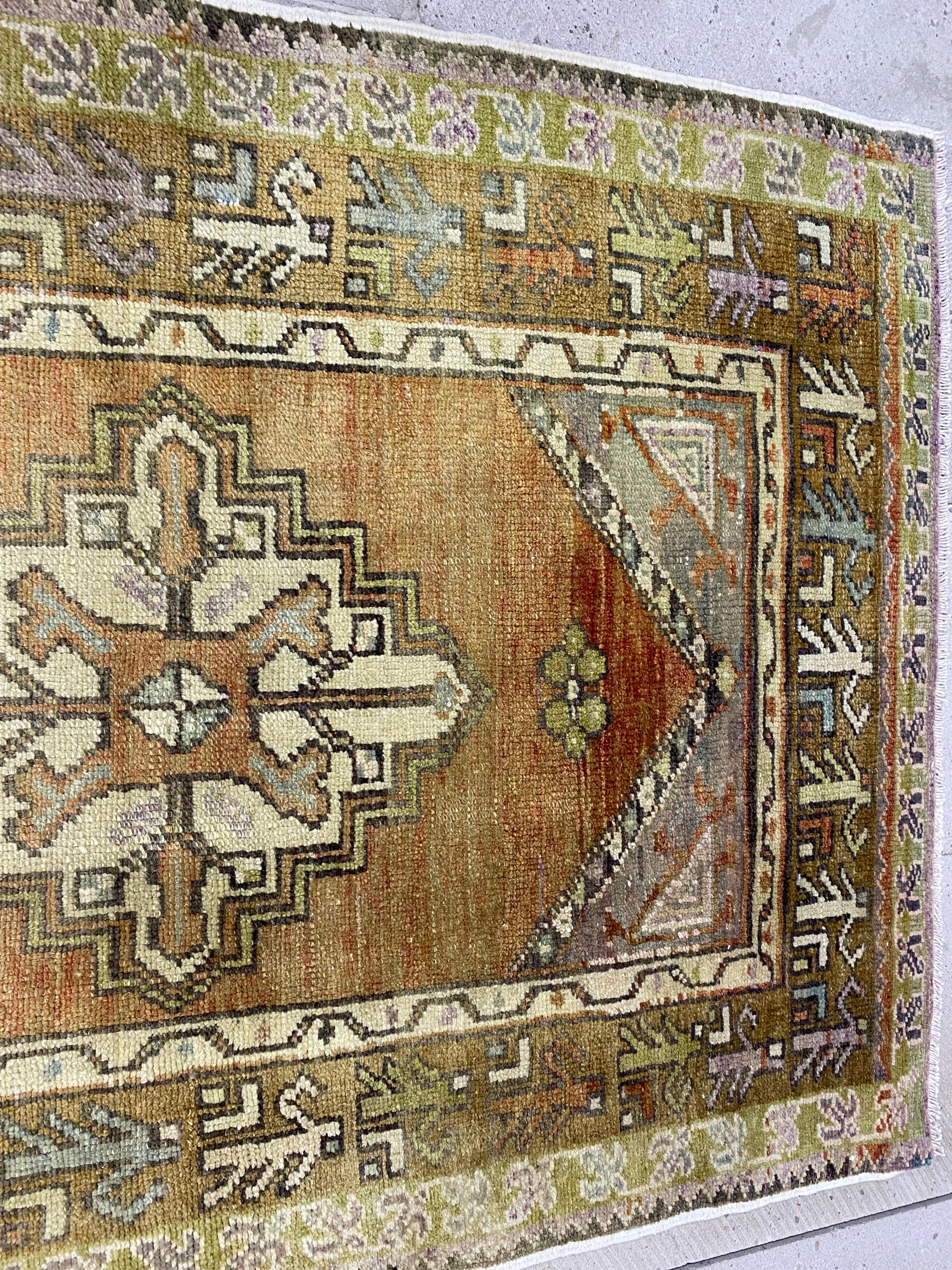 ヴィンテージトルコウールラグ：3x3.9フィートの手編みボヘミアン玄関