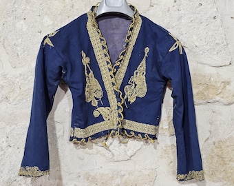 Chaleco turco antiguo bordado – Chaqueta otomana femenina del siglo XIX – Textil anatolia azul real