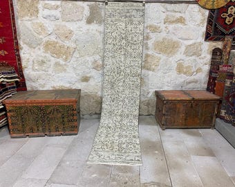 Turkish Floral Handknoted Oriental Runner Rug,Vintage Bohemian Modern Beige Oushak Carpet