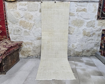 Muted Runner Rug,Vintage Handknotted low pile Turkish carpet,