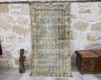Blue Oushak Vintage Handwoven Turkish Wool Carpet,Faded Bedroom Decor Oriental Area Rug