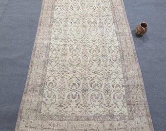 Vintage Turkish Rug 4x7, Hand-Knotted Beige Floral Low-Pile Area Rug