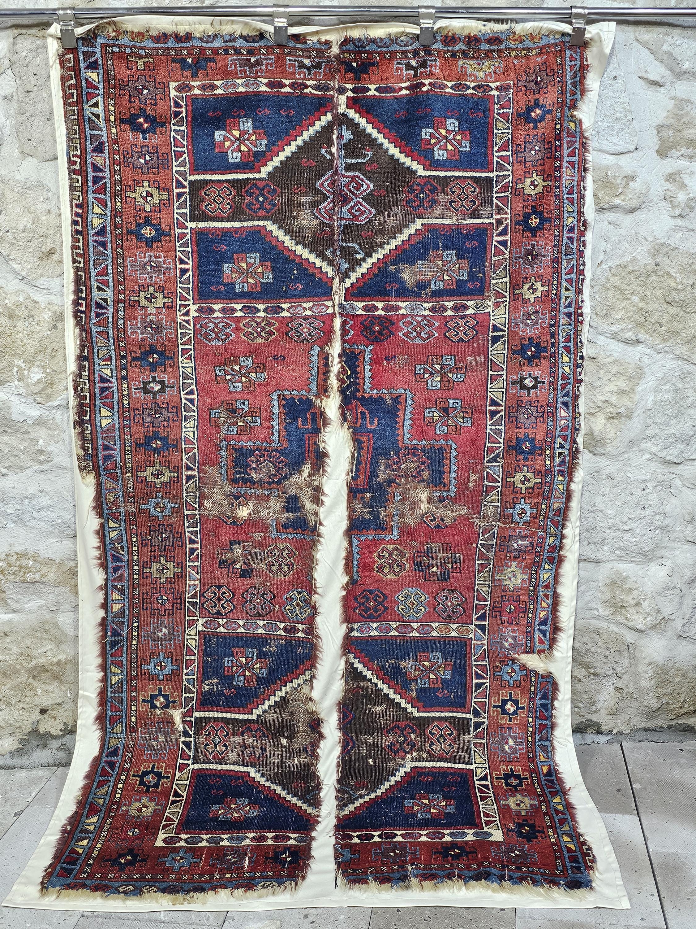 Antique Turkish Sivas Rug Fragment: Early Anatolian Wool Carpet (3
