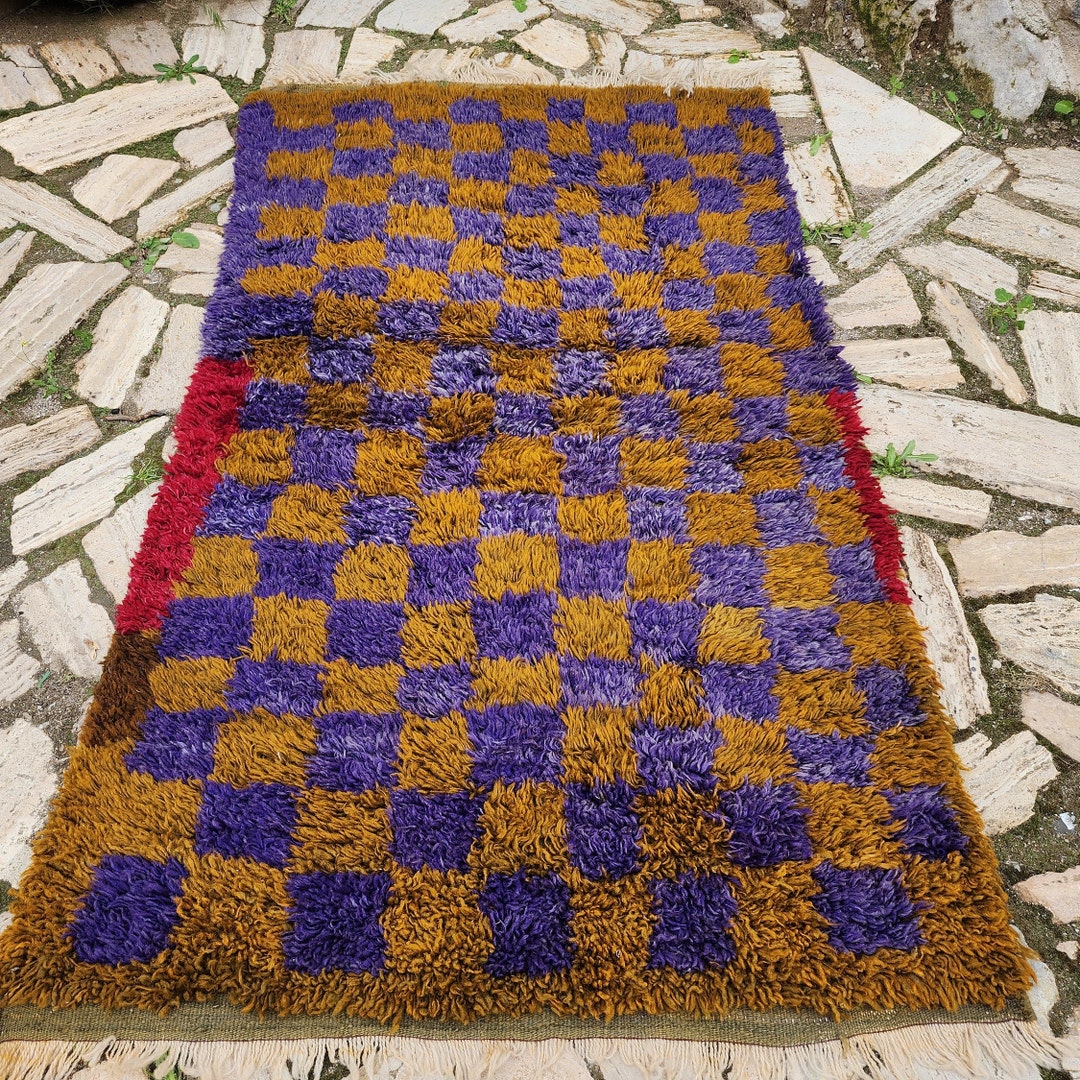 Handwoven Turkish Angora Wool Rug: Shaggy Blue & Rainbow Accent (3.4x5 ...