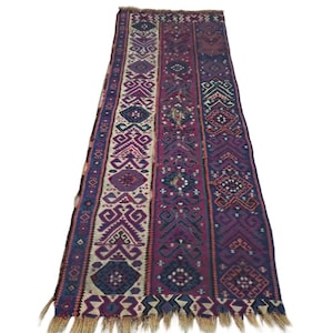 May include: A long, rectangular runner rug featuring a series of vertical panels with intricate geometric patterns. The color palette includes deep shades of purple, magenta, navy blue, and cream. The rug is finished with a light tan fringe at the ends.