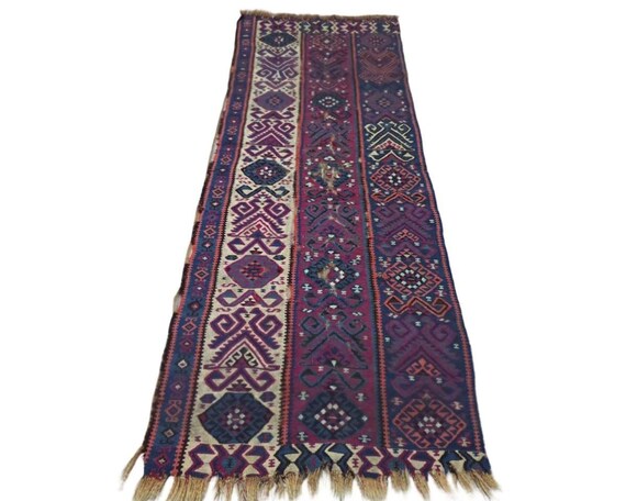 Antique Eastern Anatolian Kurdish Kilim, Hand-Woven Wool Runner with Vertical Stripes, Muted Purple and Navy Corridor Carpet