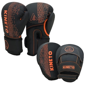 KINETO Boxing Gloves and Pads Set, Faux Leather Hook & Jab Curved Focus Mitts with Punching Gloves MMA, Muay Thai, Kickboxing Home Training