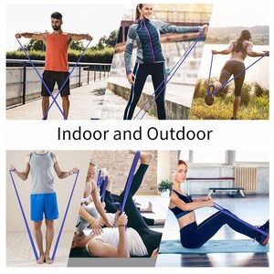May include: A set of six images showing different people using a purple resistance band for exercise. The images show people doing a variety of exercises, including stretching, lifting weights, and doing yoga. The text "Indoor and Outdoor" is displayed in the middle of the image.