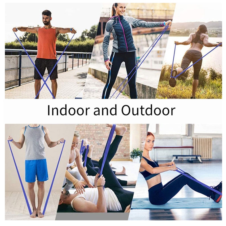 May include: A set of six images showing different people using a purple resistance band for exercise. The images show people doing a variety of exercises, including stretching, lifting weights, and doing yoga. The text "Indoor and Outdoor" is displayed in the middle of the image.