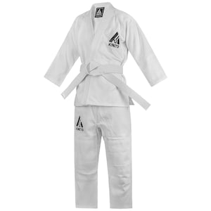 May include: White martial arts uniform with a matching belt. The uniform includes a jacket, trousers, and belt. The brand name "KINITO" is printed in black on the jacket and trousers. The uniform is designed for martial arts training.
