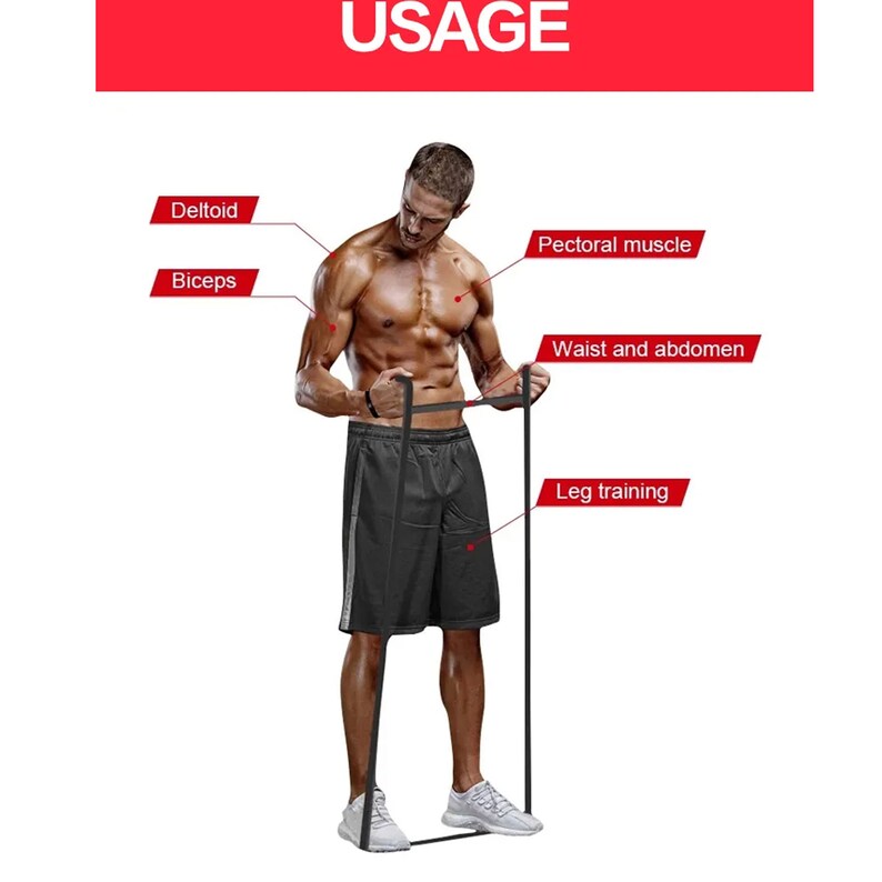 May include: A person using a black resistance band for exercise. The band is attached to a door frame and the person is using it to work out their deltoids, biceps, pectoral muscles, waist and abdomen, and legs.