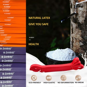 May include: Red exercise resistance band made from natural latex rubber. The band is eco-friendly, high elastic, and has no deformation or break. The text on the band reads "ZAHBRO PRO FITNESS GEAR".