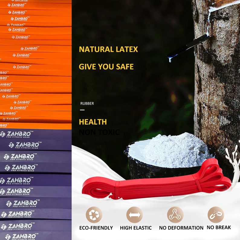 May include: Red exercise resistance band made from natural latex rubber. The band is eco-friendly, high elastic, and has no deformation or break. The text on the band reads "ZAHBRO PRO FITNESS GEAR".