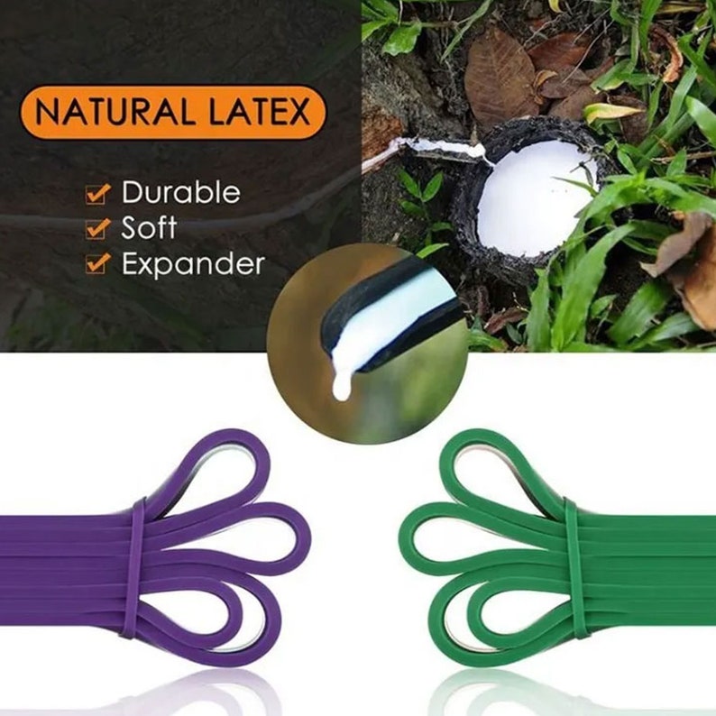 May include: Two exercise resistance bands, one purple and one green, made from natural latex. The bands are stacked and folded, showing the multiple layers of the material. The image also shows a close-up of latex being extracted from a rubber tree.