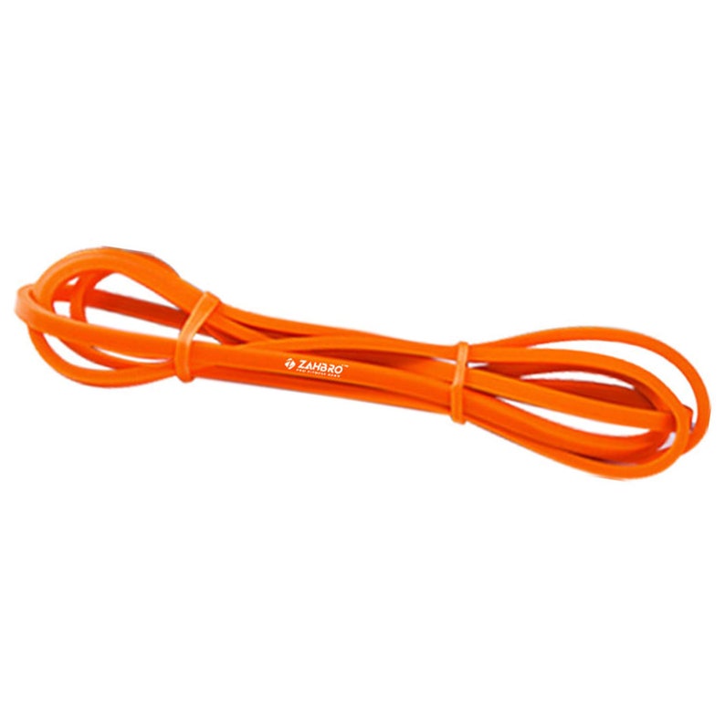 May include: Orange exercise resistance band with the text "ZAHBRO" printed on it.