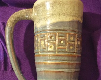 coffee cup carved green blue brown pottery