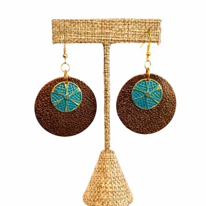 Bronze Leather Medallion Earrings with Blue Metal Accents