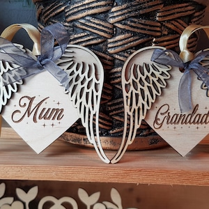 Remembrance Christmas tree decoration angel wings bauble wooden
