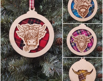 Highland cow and tartan Christmas tree decoration baubles