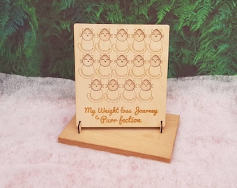 May include: Wooden sign with a cat design and the text "My Weight loss Journey to Purr-fection". The sign has 18 cat silhouettes, each with a happy face.