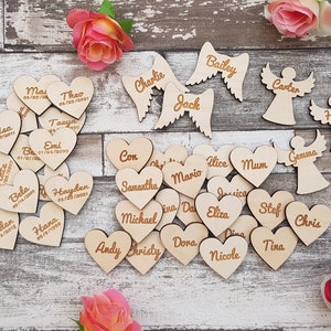 Engraved wooden hearts / paw prints / leaves / angels / wings personalized