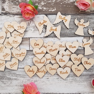 Engraved wooden hearts / paw prints / leaves / angels / wings personalized