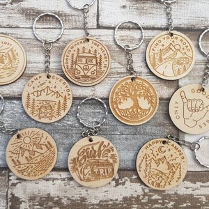 Engraved wooden keyrings campervan camping exploring