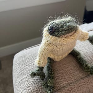 Op de afbeelding: Een handgemaakte, gebreide kikkerpop met een groene kop en poten en een crèmekleurige trui. De kikker heeft grote, donkere ogen en is geplaatst op een gestoffeerd oppervlak in neutrale tinten.