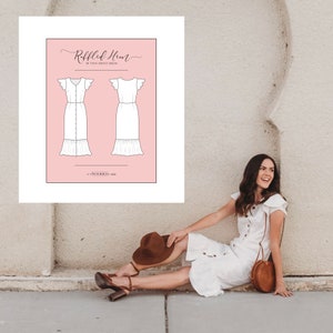 May include: A white dress with a ruffled hem and button front. The dress has short sleeves with ruffles. The dress is shown on a white paper with the text "Ruffled Hem Button Front Dress" and "@MOCKED_2020".