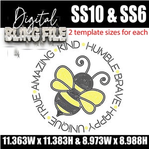 Może przedstawiać: Cyfrowy plik bling z wzorem przedstawiającym żółto-czarną pszczołę otoczoną słowami "True, Amazing, Kind, Humble, Brave, Happy, Unique". Wzór dostępny jest w dwóch rozmiarach: 28,86 cm szerokości x 28,92 cm wysokości oraz 22,79 cm szerokości x 22,83 cm wysokości.