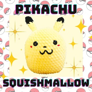 May include: A yellow crocheted Pikachu squishmallow with black eyes and a pink blush. The background is yellow with gold stars.
