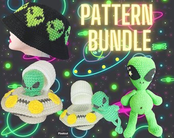 Alien Häkelanleitungs-Bundle – Amigurumi Fischerhut & Raumschiff (PDF)