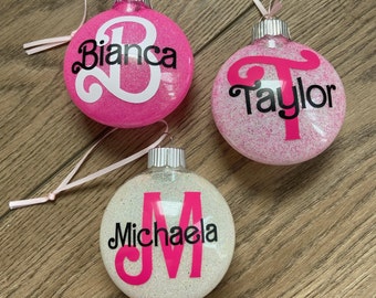 Personalized Barb!e Inspired Glitter Ornament: Custom Name, Pink Holiday Decor