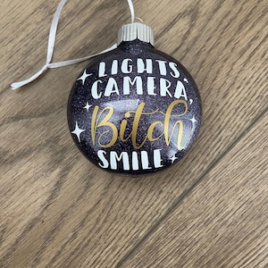 Pop Star Inspired Glitter Ornament – “Lights Camera B!tch Smile” Ornament, Album/Tour Inspired Fan Christmas Bauble