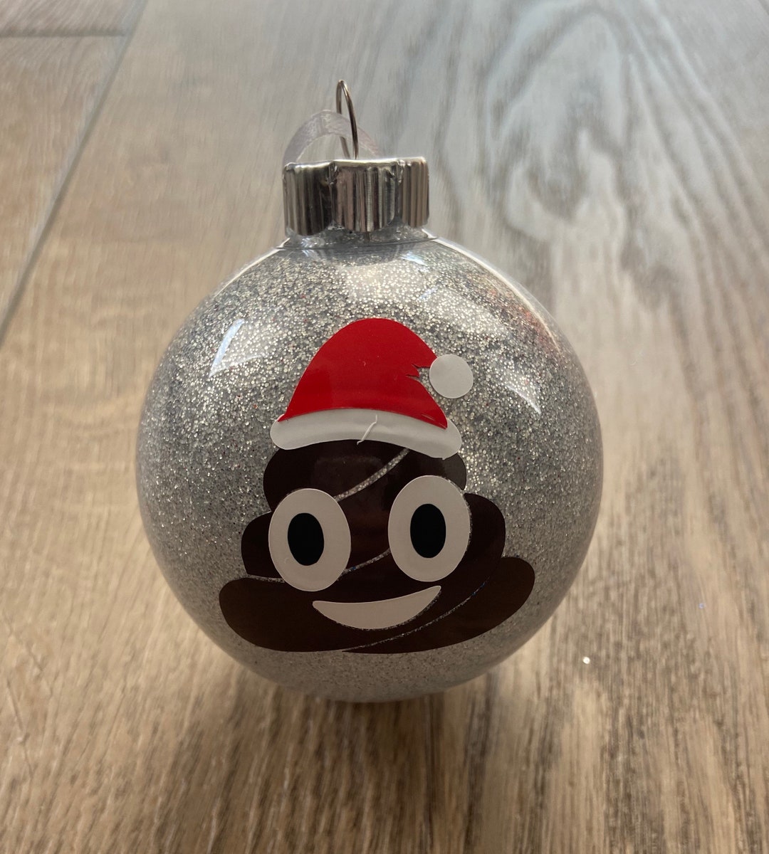 Santa Poop Emoji Silver Glitter Christmas Tree Ornament. Glitter