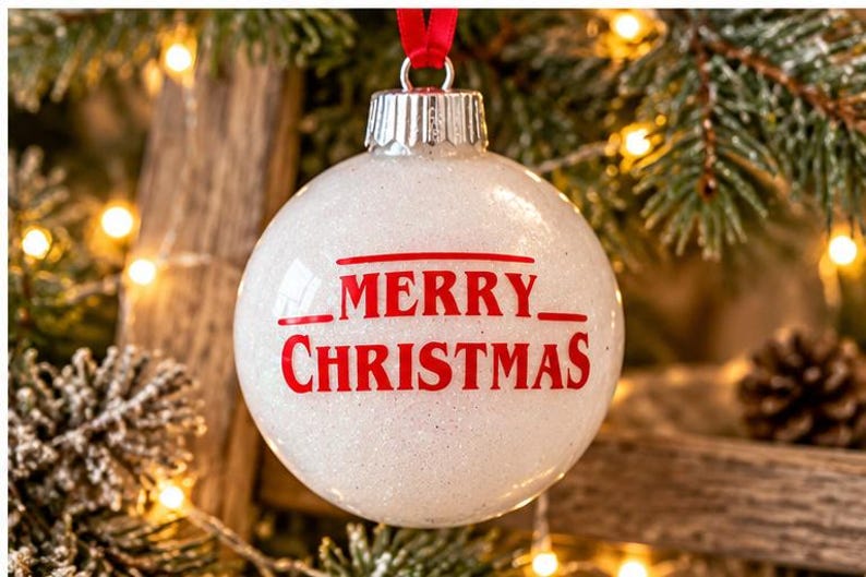 Puede incluir: Un adorno navide&ntilde;o esf&eacute;rico de color blanco con purpurina que presenta el texto rojo MERRY CHRISTMAS impreso en el frente. El adorno tiene una tapa de metal plateado en la parte superior y cuelga de una cinta roja fina.