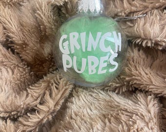 Cheeky Adult Ornament | Clear Christmas Bauble with Green Fur | Funny Holiday Décor | Bad Santa Gift | Adult ONLY Gift | Stocking Stuffer