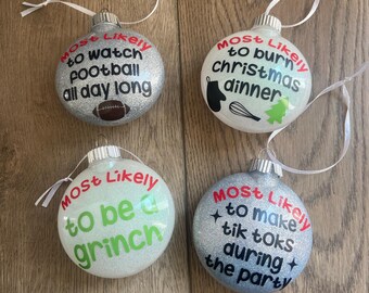 Most Likely To... Glitter Ornament Set – Hilarious Holiday Gifts for Parties, Secret Santa & Office, 3, 5, or 10 White/Silver/Mix