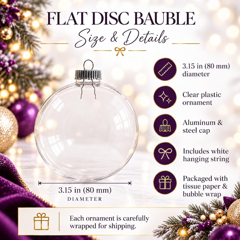 Puede incluir: Un adorno navide&ntilde;o plano y transparente con una tapa de aluminio y acero. El adorno tiene un di&aacute;metro de 80 mm. El texto en la imagen incluye FLAT DISC BAUBLE, Size & Details, 3.15 in (80 mm) diameter, clear plastic ornament, y m&aacute;s.