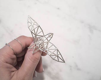 Geometrische draad vogel Ring, minimaal Origami zilveren draad, unieke en Edgy