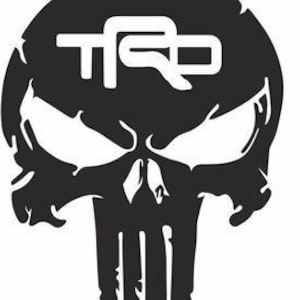 May include: A monochrome graphic depicting a skull with the letters "TRD" in white across the forehead. The skull has a distressed texture, with visible cracks and wear. The design is bold and edgy, suitable for various applications.